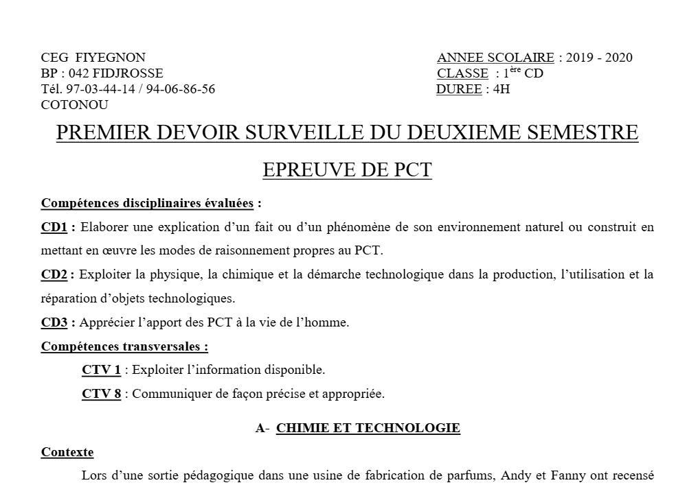 Aperçu de la première page — 1ère CD Physique Chimie Technologie Devoir 2 Semestre 2 CEG Fiyegnon 2019 2020