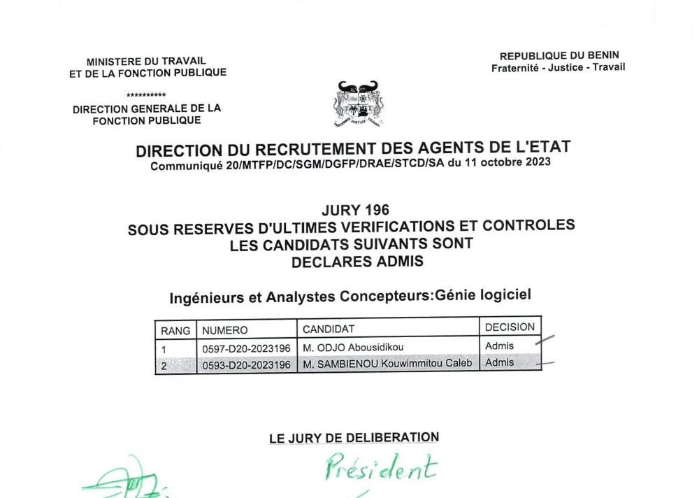 Aperçu de la première page — Candidats admis - Concours de recrutement de 167 fonctionnaires de l'Etat au profit du Ministere de la justice