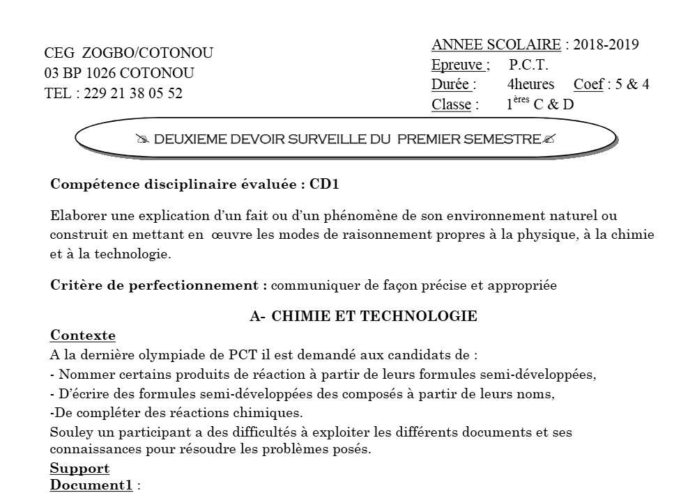 Aperçu de la première page — 1ère CD D Physique Chimie Technologie Devoir 2 Semestre 1 CEG Zogbo 2018 2019