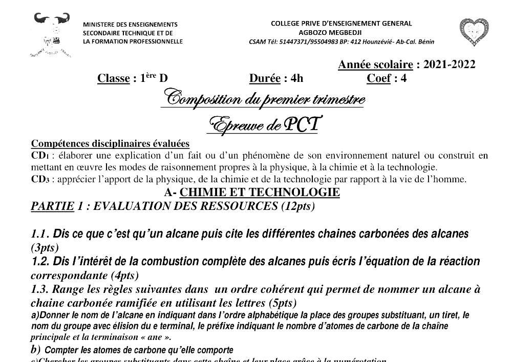 Aperçu de la première page — 1ère D Physique Chimie Technologie Composition Trimestre 1 CPEG Agbozo Megbedji 2021 2022 (2)