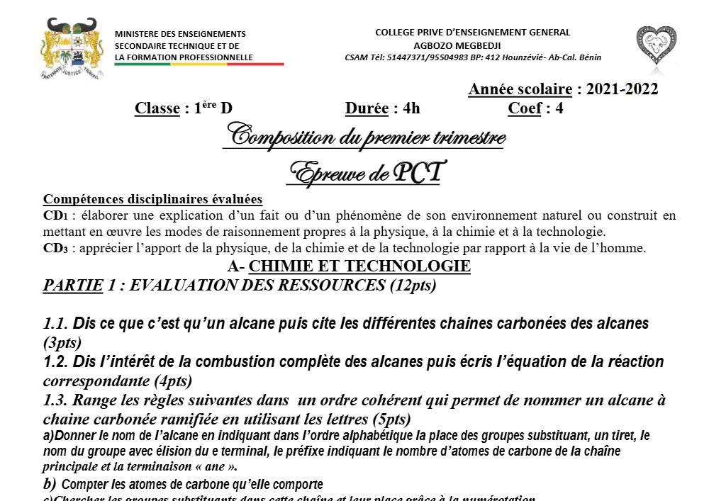 Aperçu de la première page — 1ère D Physique Chimie Technologie Composition Trimestre 1 CPEG Agbozo Megbedji 2021 2022