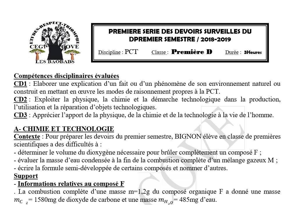 Aperçu de la première page — 1ère D Physique Chimie Technologie Devoir 1 Semestre 1 CEG1 Cove 2018 2019