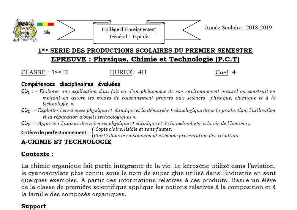 Aperçu de la première page — 1ère D Physique Chimie Technologie Devoir 1 Semestre 1 CEG1 Ikpinlè 2018 2019