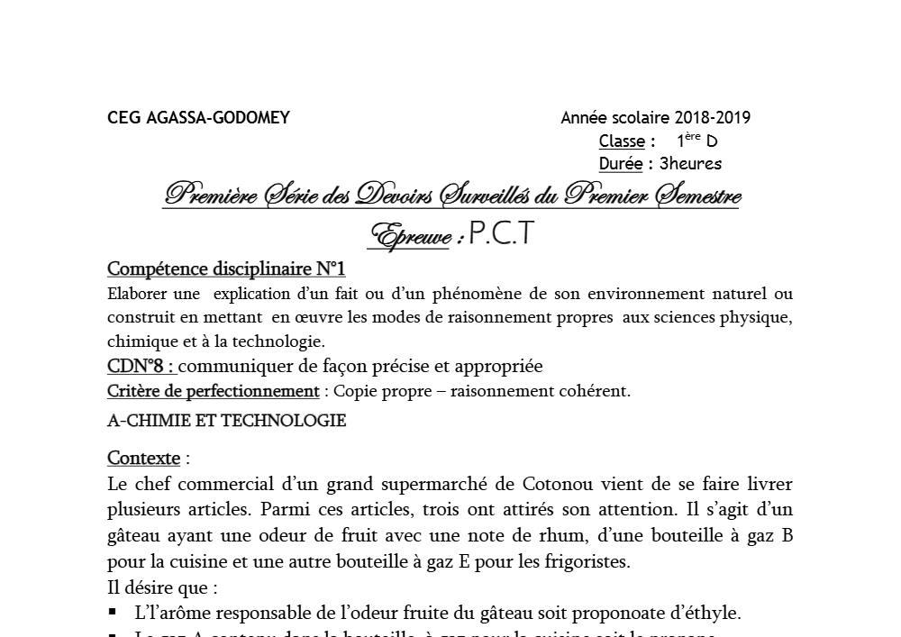 Aperçu de la première page — 1ère D Physique Chimie Technologie Devoir 1 Semestre 1 CEG Agassa Godomey 2018 2019