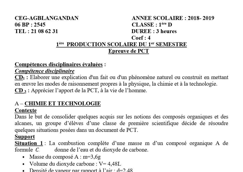 Aperçu de la première page — 1ère D Physique Chimie Technologie Devoir 1 Semestre 1 CEG Agblangandan 2018 2019