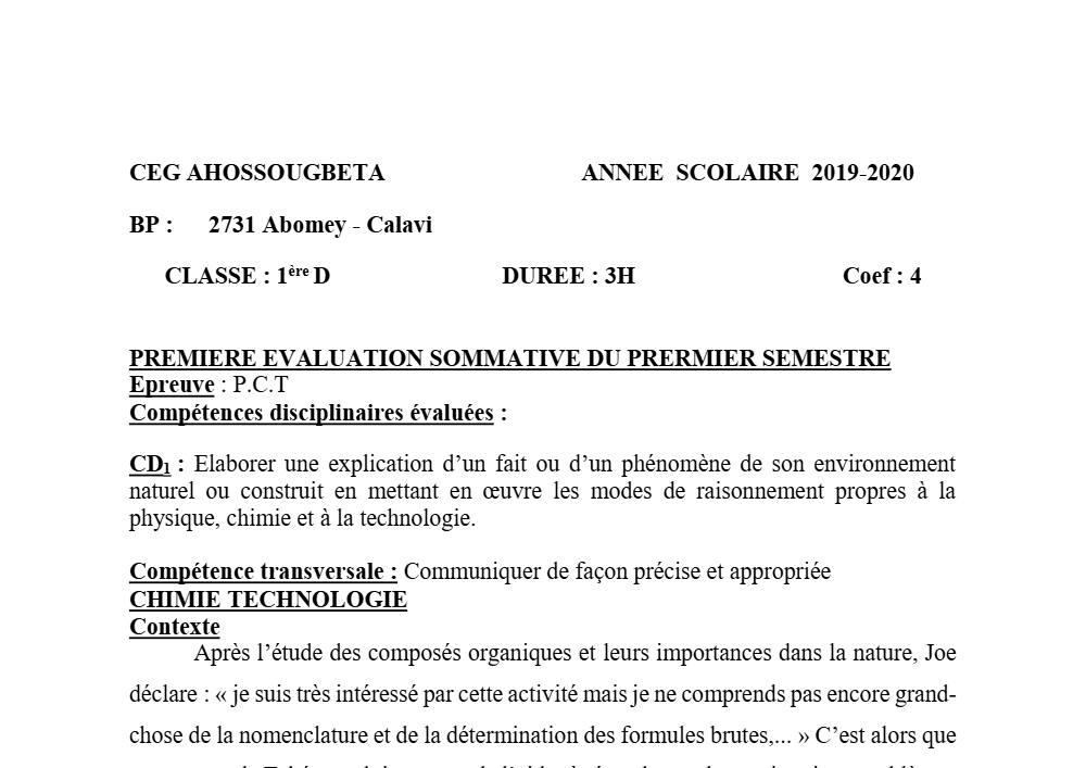 Aperçu de la première page — 1ère D Physique Chimie Technologie Devoir 1 Semestre 1 CEG Ahossougbéta 2019 2020