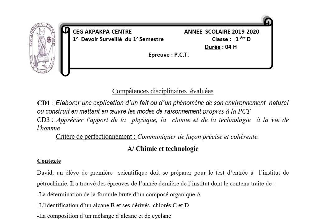 Aperçu de la première page — 1ère D Physique Chimie Technologie Devoir 1 Semestre 1 CEG Akpakpa 2019 2020