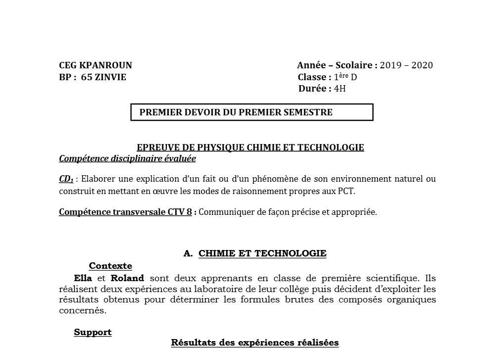 Aperçu de la première page — 1ère D Physique Chimie Technologie Devoir 1 Semestre 1 CEG Kpanroun 2019 2020