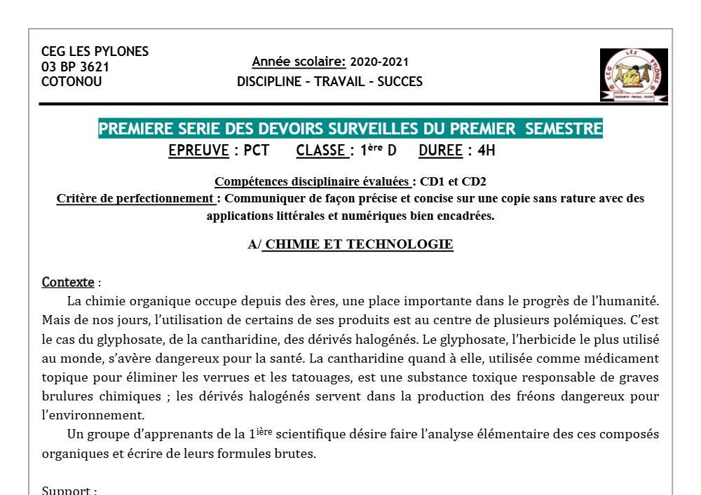Aperçu de la première page — 1ère D Physique Chimie Technologie Devoir 1 Semestre 1 CEG Les Pylônes 2020 2021