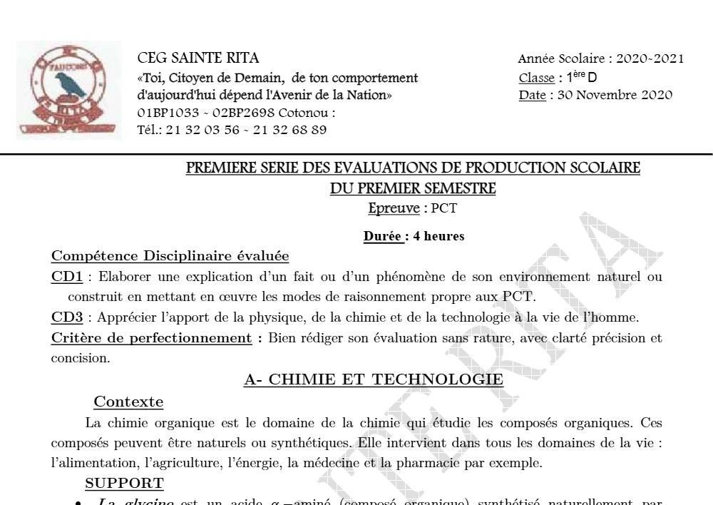 Aperçu de la première page — 1ère D Physique Chimie Technologie Devoir 1 Semestre 1 CEG Sainte Rita 2020 2021