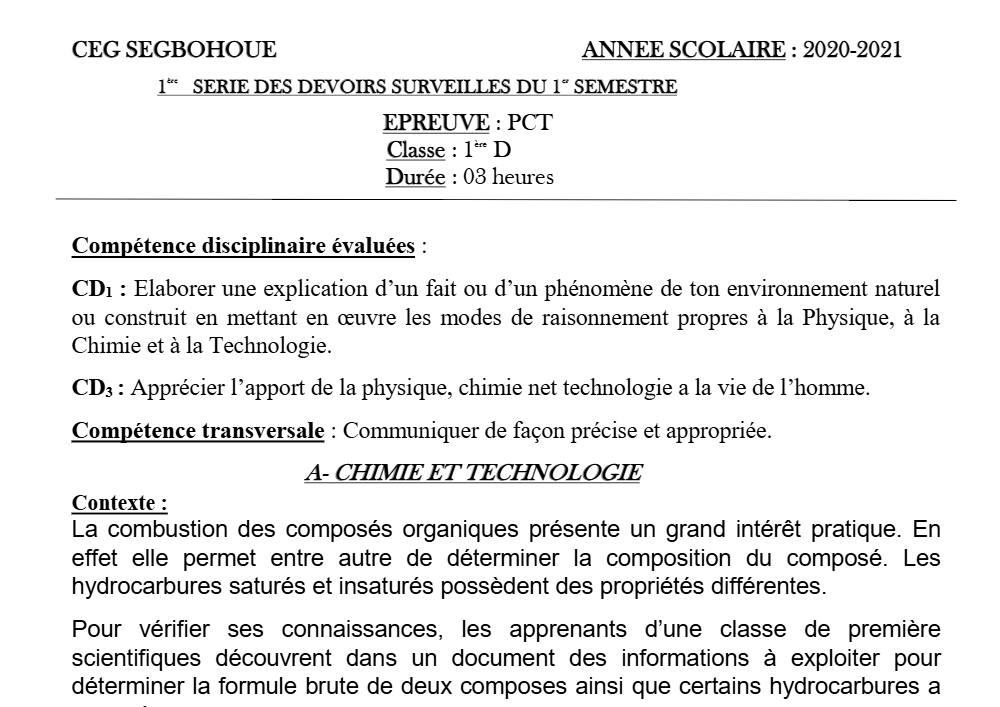 Aperçu de la première page — 1ère D Physique Chimie Technologie Devoir 1 Semestre 1 CEG Segbohoue 2020 2021