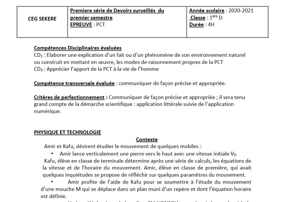 Aperçu de la première page — 1ère D Physique Chimie Technologie Devoir 1 Semestre 1 CEG Sékéré 2020 2021