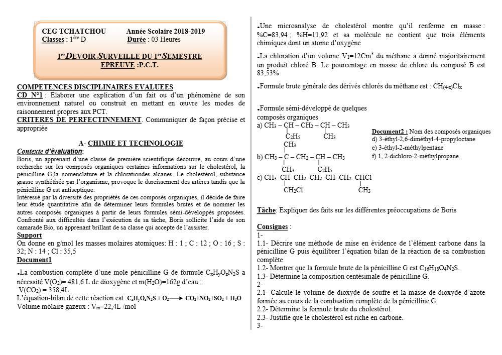 Aperçu de la première page — 1ère D Physique Chimie Technologie Devoir 1 Semestre 1 CEG Tchatchou 2018 2019