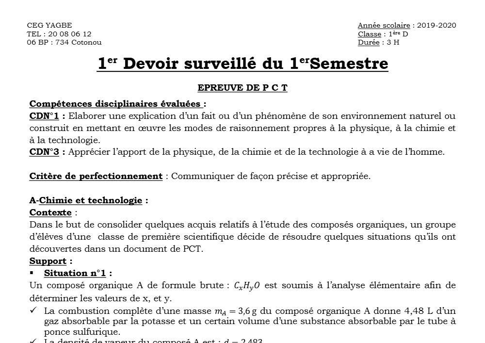 Aperçu de la première page — 1ère D Physique Chimie Technologie Devoir 1 Semestre 1 CEG Yagbe 2019 2020