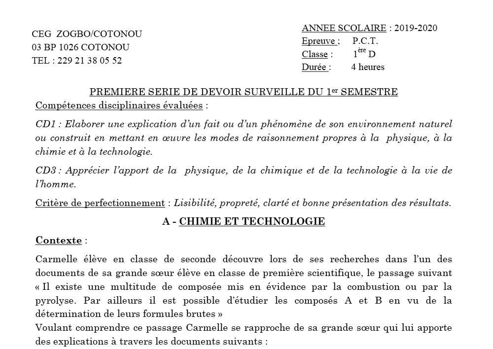 Aperçu de la première page — 1ère D Physique Chimie Technologie Devoir 1 Semestre 1 CEG Zogbo 2019 2020