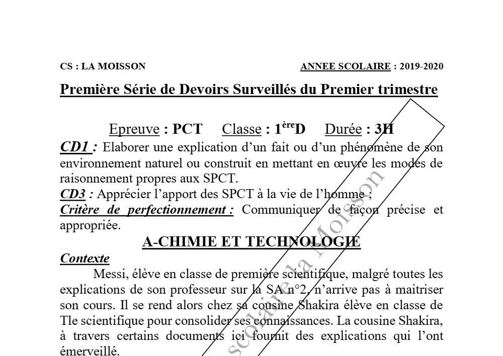 Aperçu de la première page — 1ère D Physique Chimie Technologie Devoir 1 Semestre 1 CS La Moisson 2019 2020