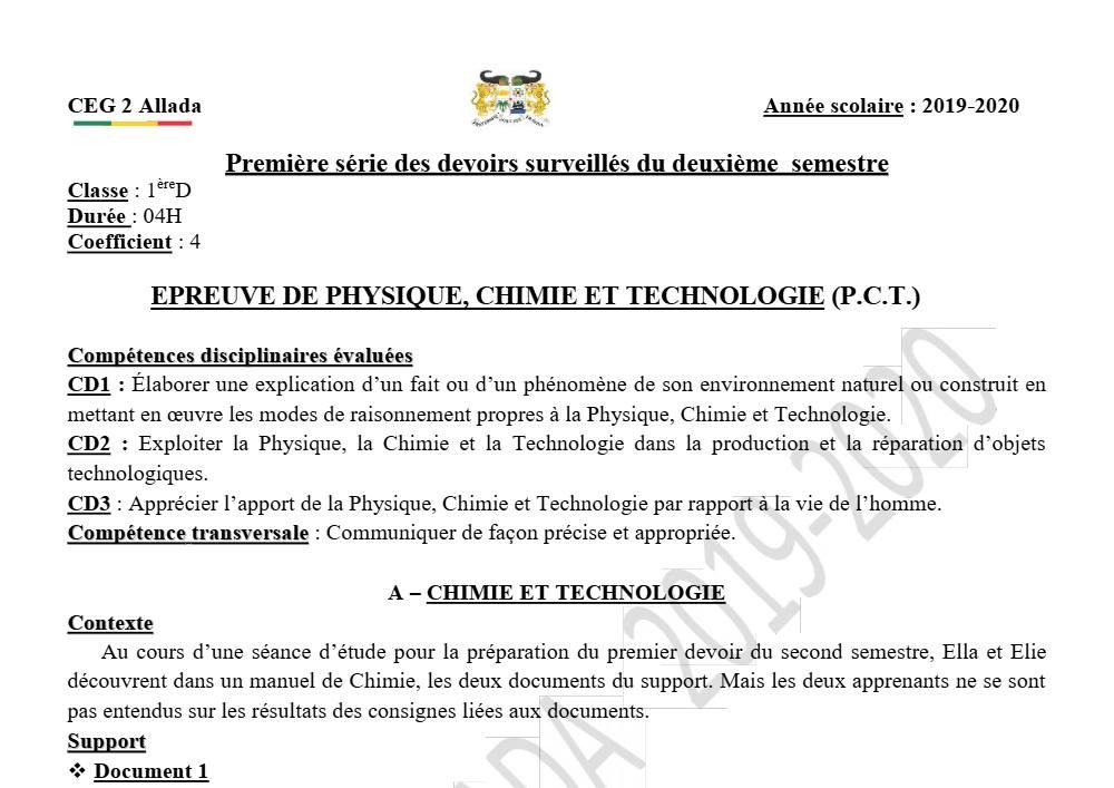 Aperçu de la première page — 1ère D Physique Chimie Technologie Devoir 1 Semestre 2 CEG2 Allada 2019 2020