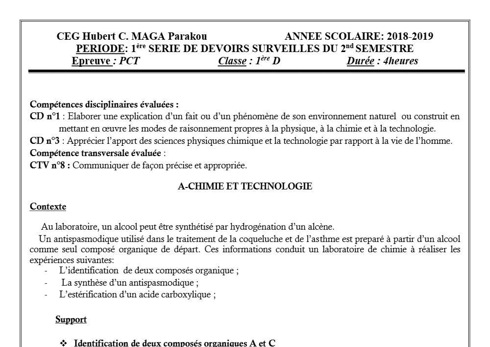 Aperçu de la première page — 1ère D Physique Chimie Technologie Devoir 1 Semestre 2 CEG Hubert C Maga 2018 2019