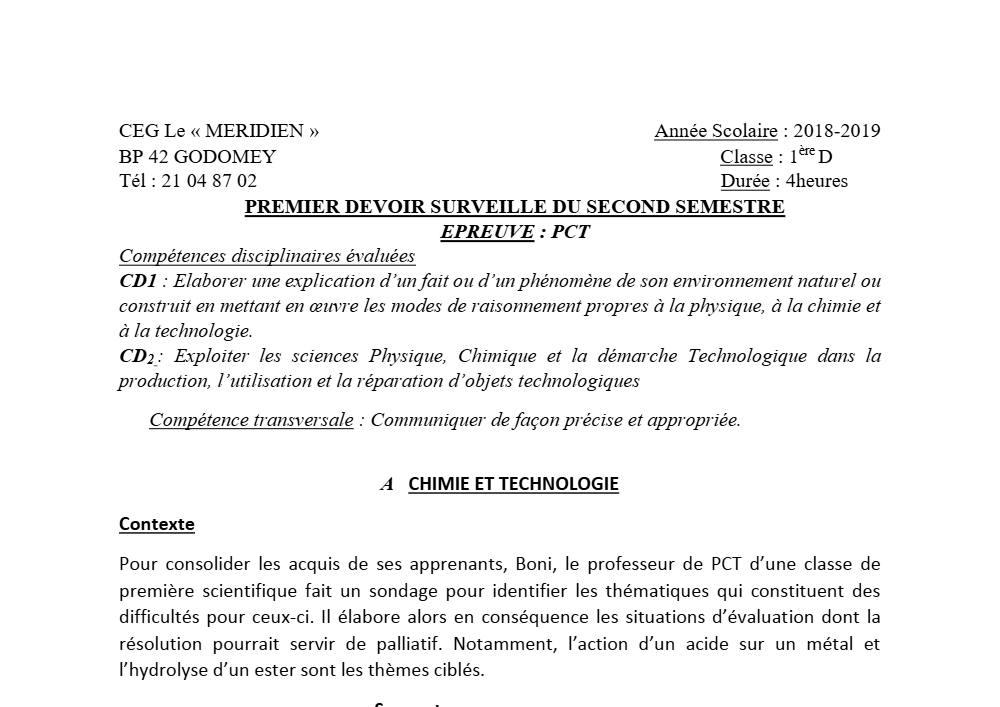 Aperçu de la première page — 1ère D Physique Chimie Technologie Devoir 1 Semestre 2 CEG Le Meridien 2018 2019