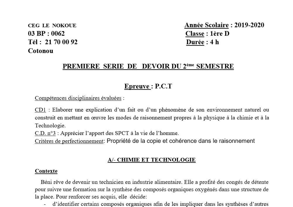 Aperçu de la première page — 1ère D Physique Chimie Technologie Devoir 1 Semestre 2 CEG Le Nokoué 2019 2020