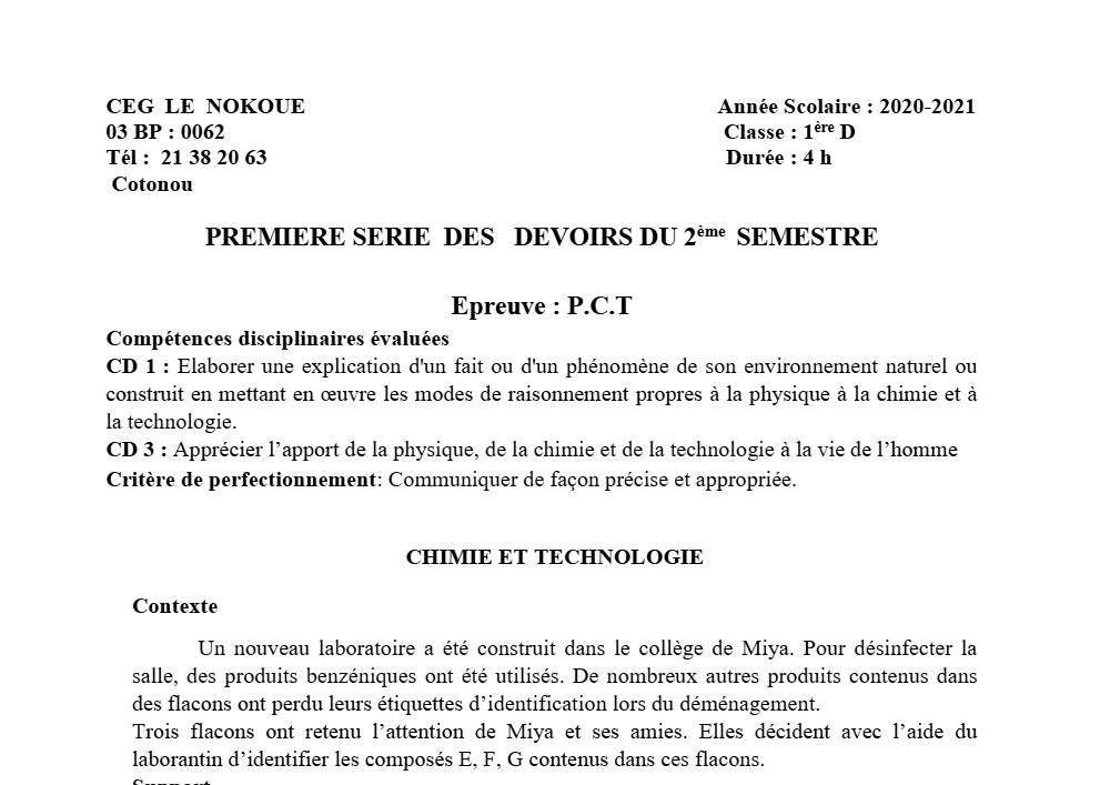 Aperçu de la première page — 1ère D Physique Chimie Technologie Devoir 1 Semestre 2 CEG Le Nokoué 2020 2021