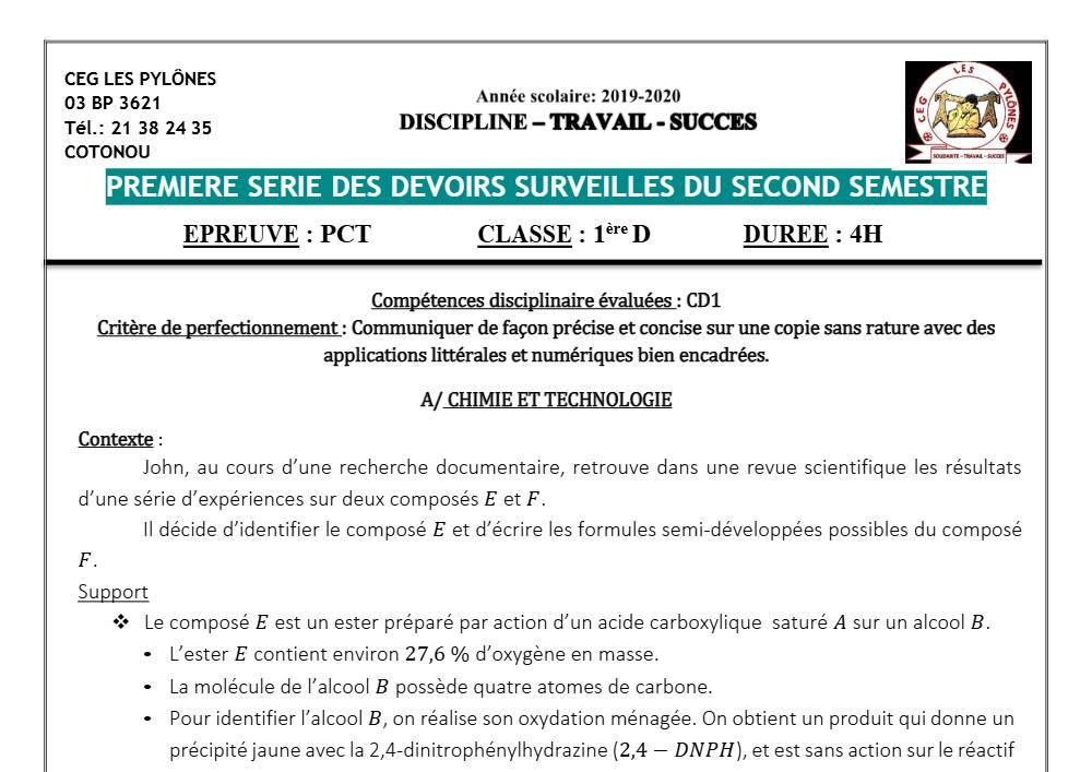 Aperçu de la première page — 1ère D Physique Chimie Technologie Devoir 1 Semestre 2 CEG Les Pylônes 2019 2020