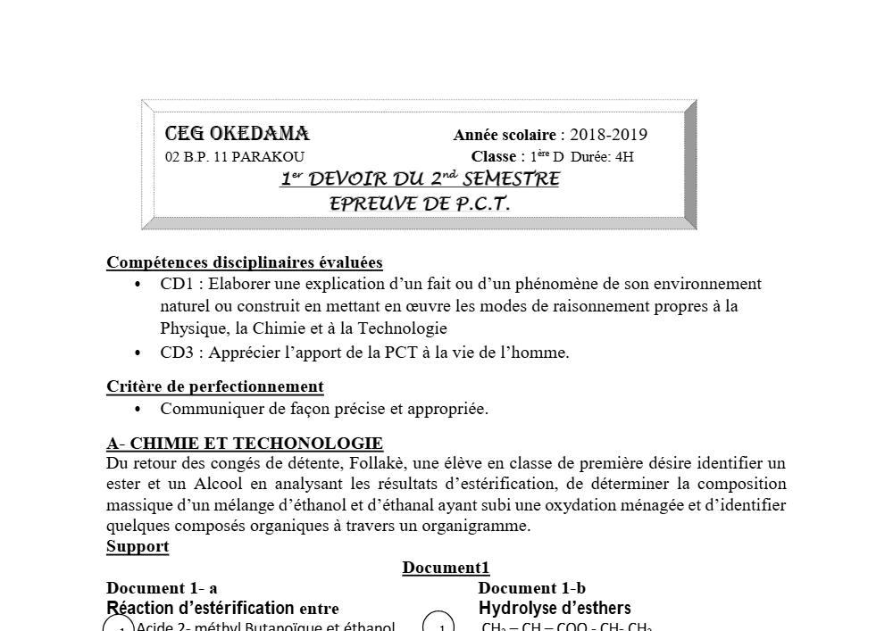 Aperçu de la première page — 1ère D Physique Chimie Technologie Devoir 1 Semestre 2 CEG Okedama 2018 2019