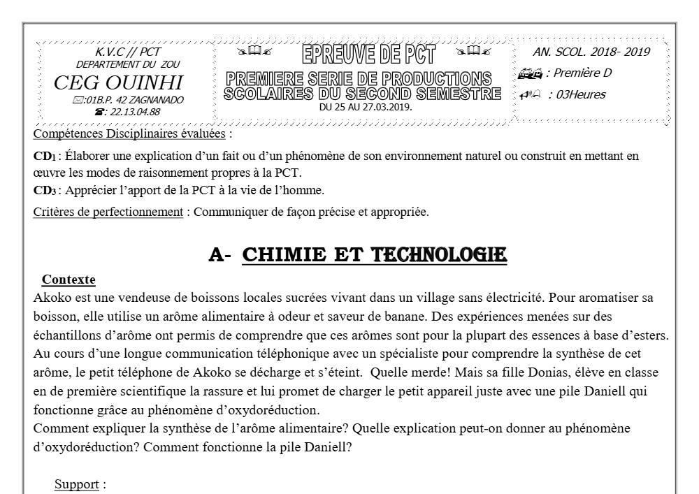 Aperçu de la première page — 1ère D Physique Chimie Technologie Devoir 1 Semestre 2 CEG Ouinhi 2018 2019