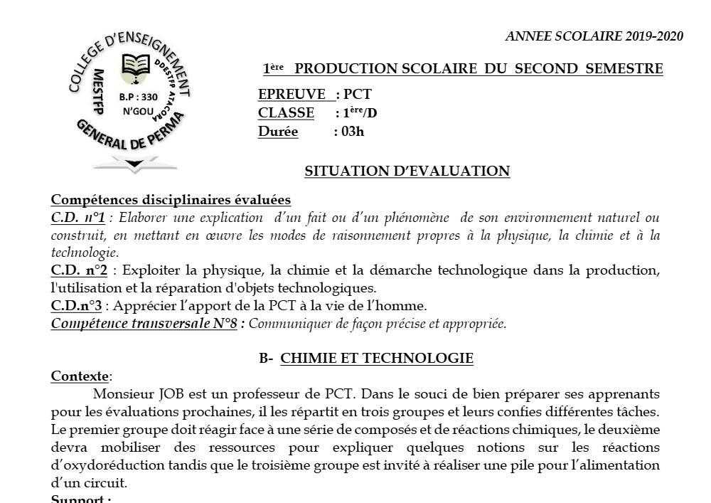 Aperçu de la première page — 1ère D Physique Chimie Technologie Devoir 1 Semestre 2 CEG Perma 2019 2020