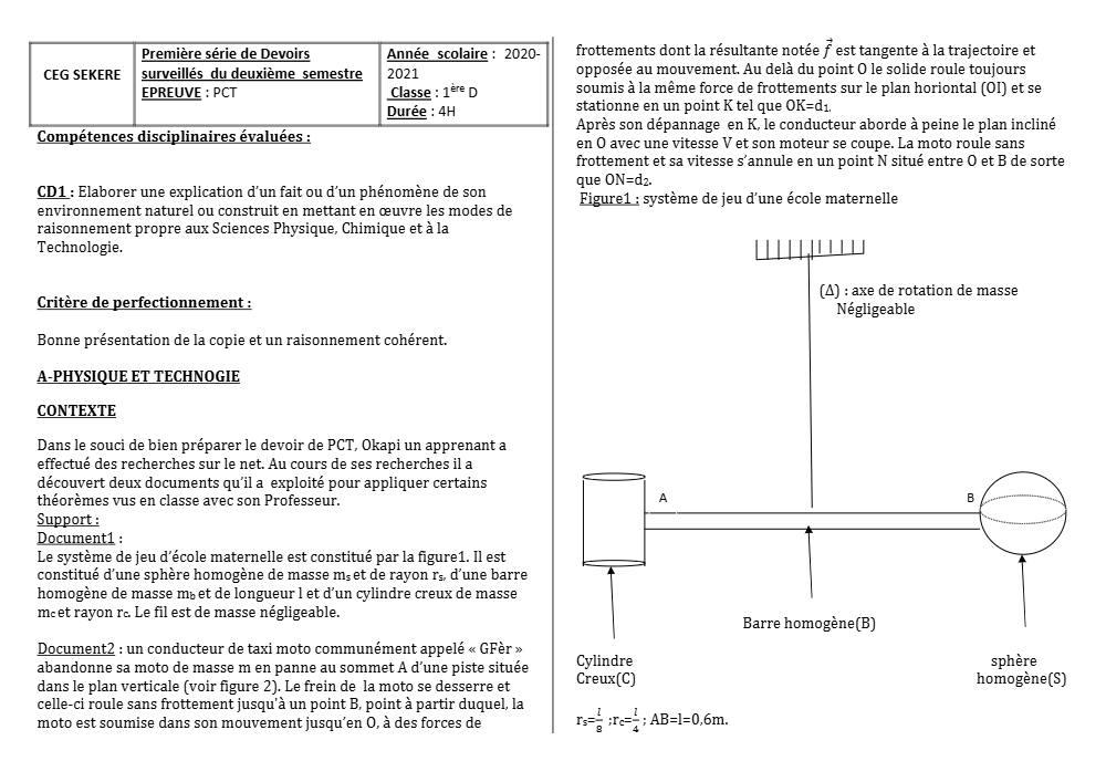 Aperçu de la première page — 1ère D Physique Chimie Technologie Devoir 1 Semestre 2 CEG Sékéré 2020 2021