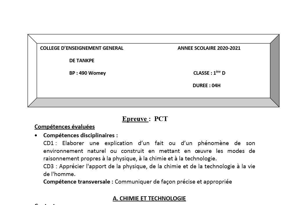 Aperçu de la première page — 1ère D Physique Chimie Technologie Devoir 1 Semestre 2 CEG Tankpè 2020 2021