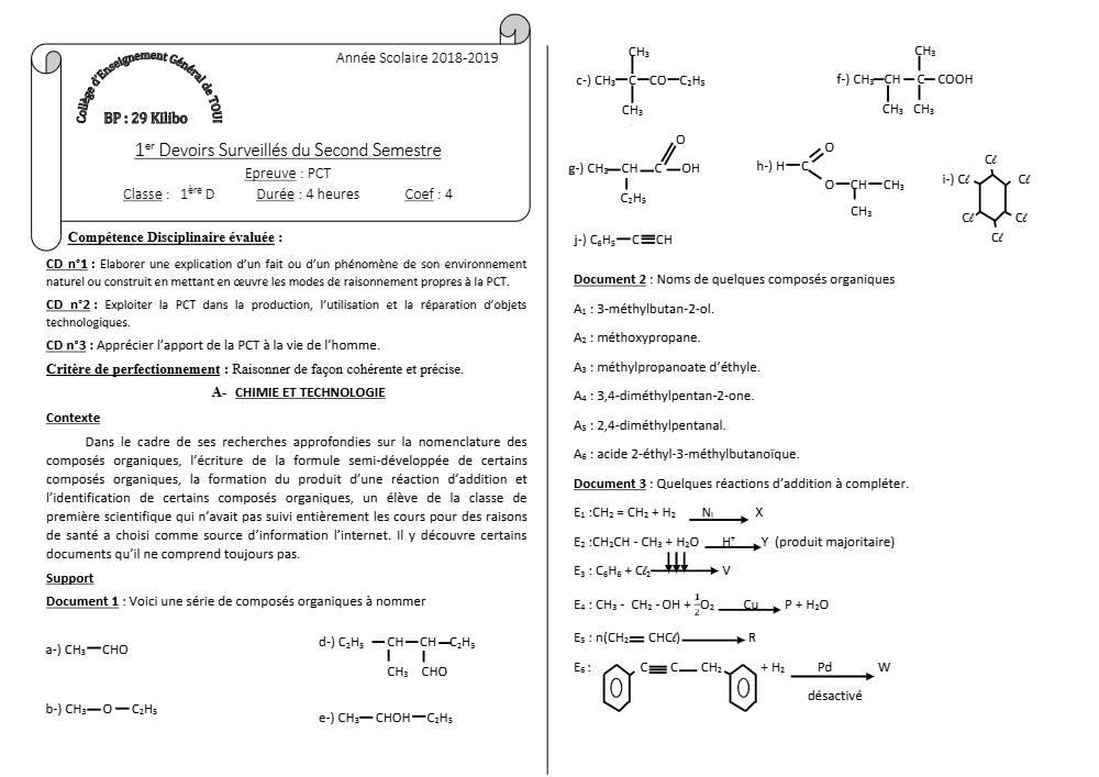 Aperçu de la première page — 1ère D Physique Chimie Technologie Devoir 1 Semestre 2 CEG Toui 2018 2019