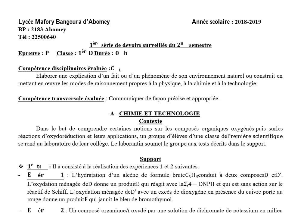 Aperçu de la première page — 1ère D Physique Chimie Technologie Devoir 1 Semestre 2 Lycée Mafory Bangoura 2018 2019