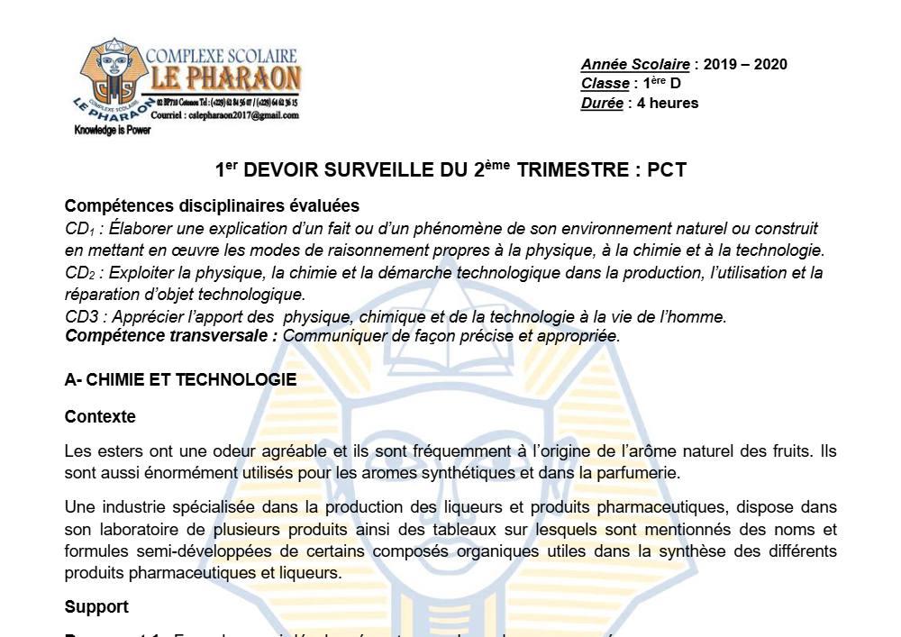 Aperçu de la première page — 1ère D Physique Chimie Technologie Devoir 1 Trimestre 2 CS Le Pharaon 2019 2020