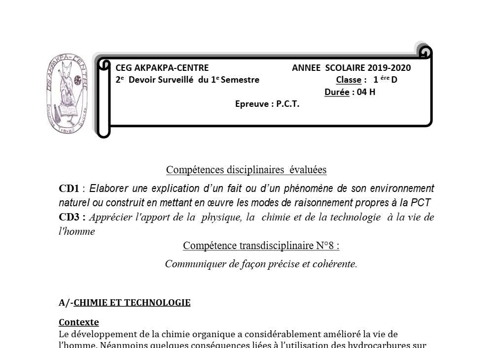 Aperçu de la première page — 1ère D Physique Chimie Technologie Devoir 2 Semestre 1 CEG Akpakpa 2019 2020