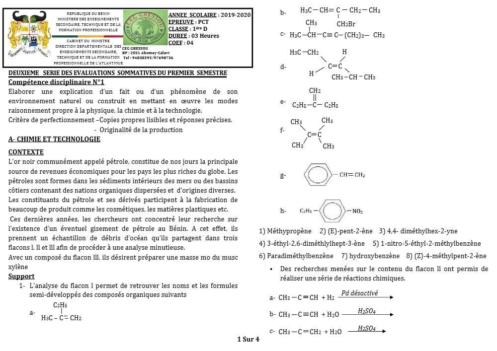 Aperçu de la première page — 1ère D Physique Chimie Technologie Devoir 2 Semestre 1 CEG Gbessou 2019 2020