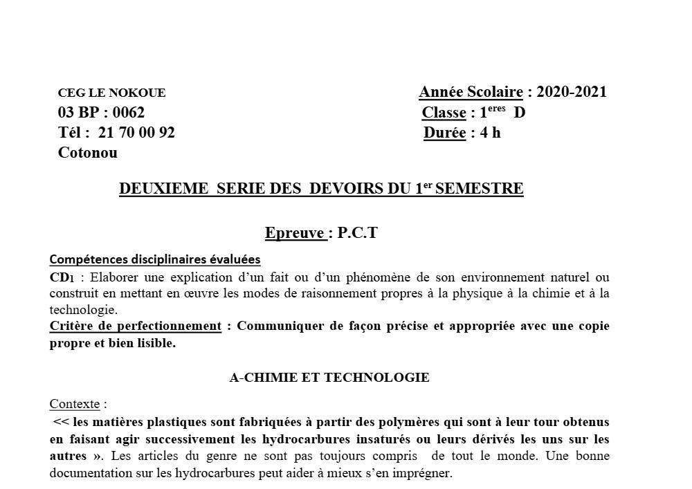 Aperçu de la première page — 1ère D Physique Chimie Technologie Devoir 2 Semestre 1 CEG Le Nokoué 2020 2021