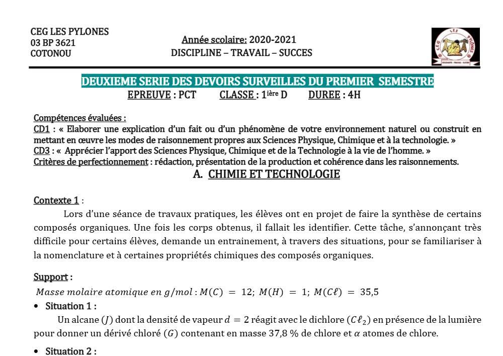 Aperçu de la première page — 1ère D Physique Chimie Technologie Devoir 2 Semestre 1 CEG Les Pylônes 2020 2021