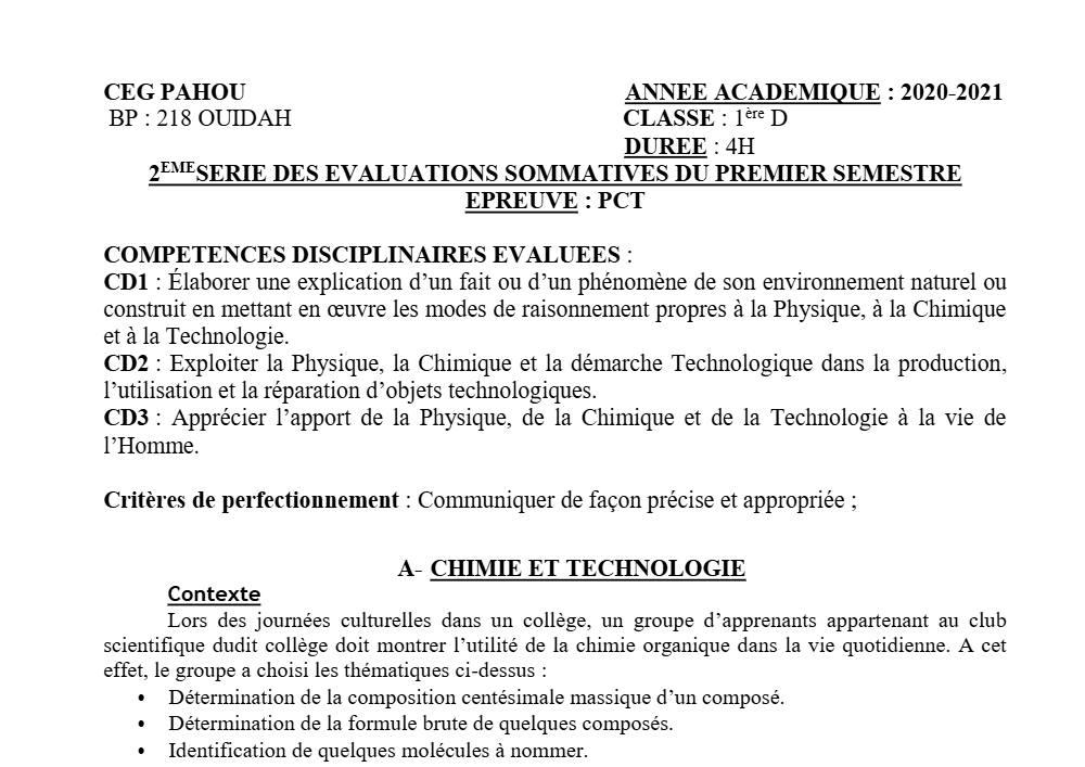 Aperçu de la première page — 1ère D Physique Chimie Technologie Devoir 2 Semestre 1 CEG Pahou 2020 2021