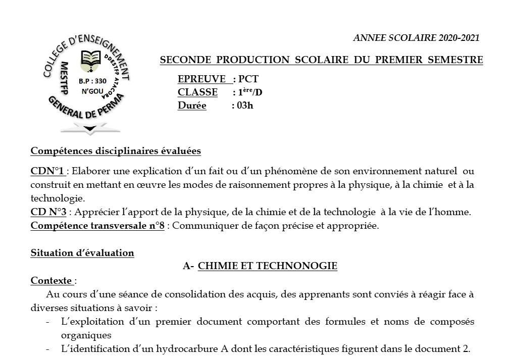Aperçu de la première page — 1ère D Physique Chimie Technologie Devoir 2 Semestre 1 CEG Perma 2020 2021