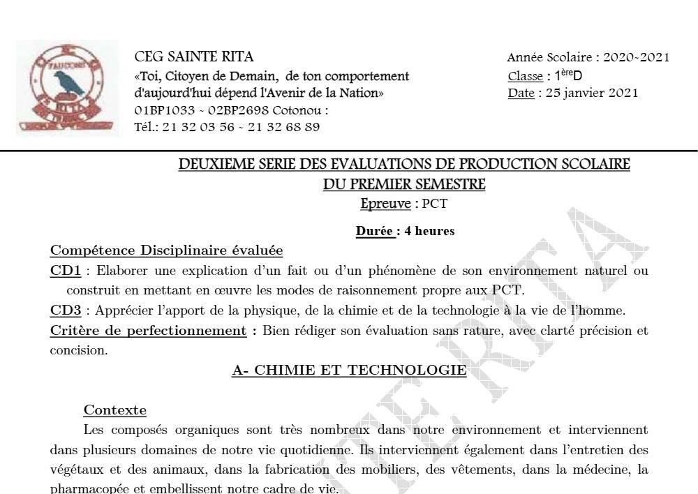 Aperçu de la première page — 1ère D Physique Chimie Technologie Devoir 2 Semestre 1 CEG Sainte Rita 2020 2021