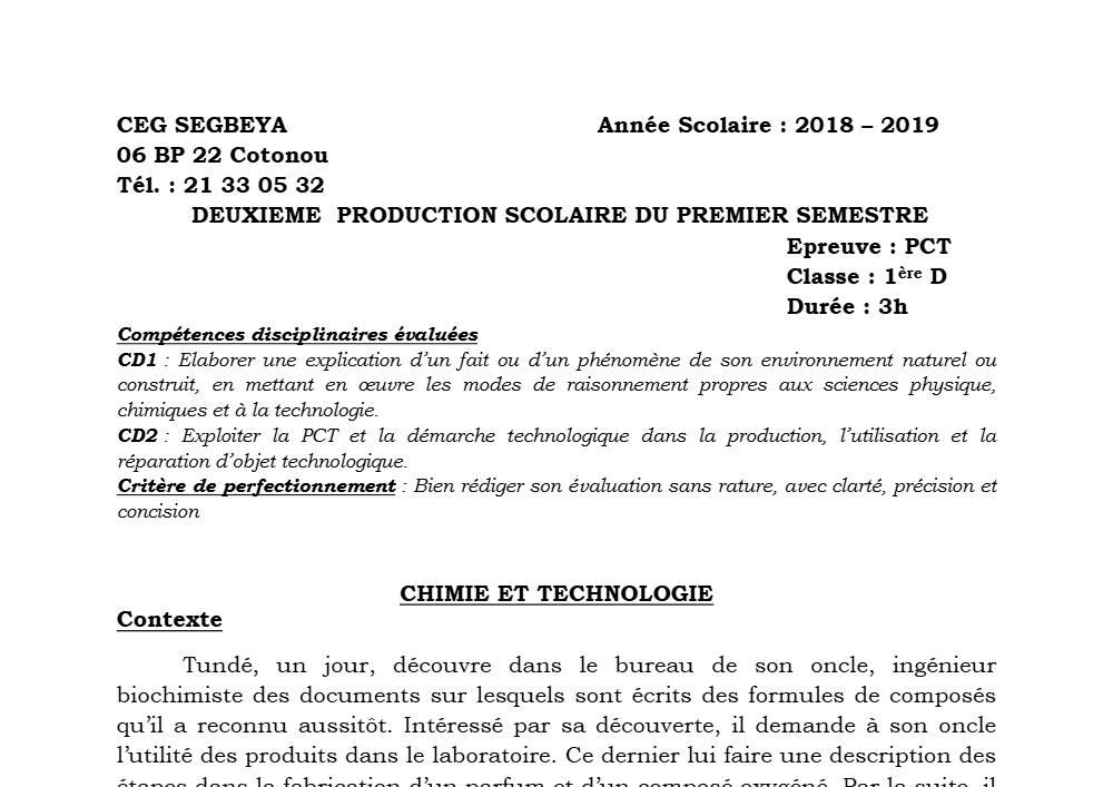 Aperçu de la première page — 1ère D Physique Chimie Technologie Devoir 2 Semestre 1 CEG Ségbéya 2018 2019