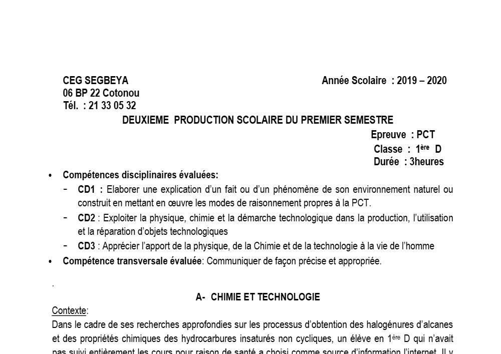 Aperçu de la première page — 1ère D Physique Chimie Technologie Devoir 2 Semestre 1 CEG Ségbéya 2019 2020