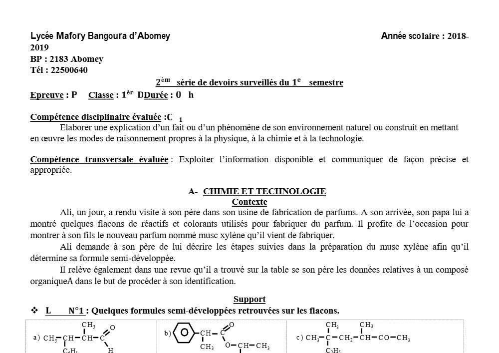Aperçu de la première page — 1ère D Physique Chimie Technologie Devoir 2 Semestre 1 Lycée Mafory Bangoura 2018 2019