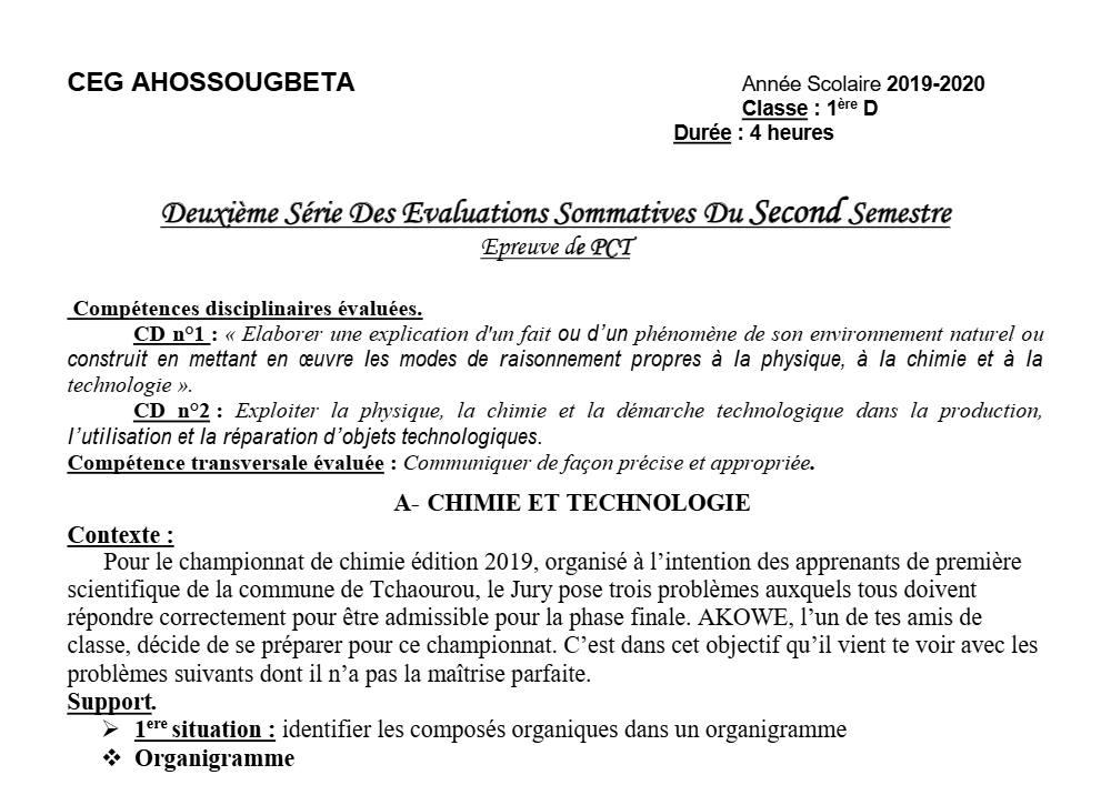 Aperçu de la première page — 1ère D Physique Chimie Technologie Devoir 2 Semestre 2 CEG Ahossougbéta 2019 2020