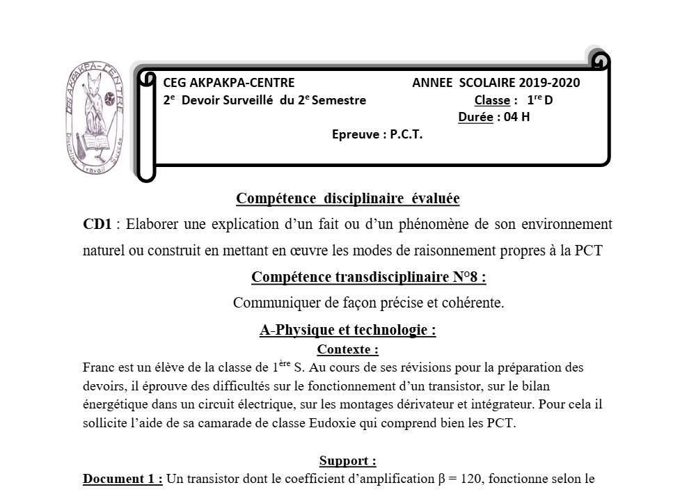 Aperçu de la première page — 1ère D Physique Chimie Technologie Devoir 2 Semestre 2 CEG Akpakpa 2019 2020