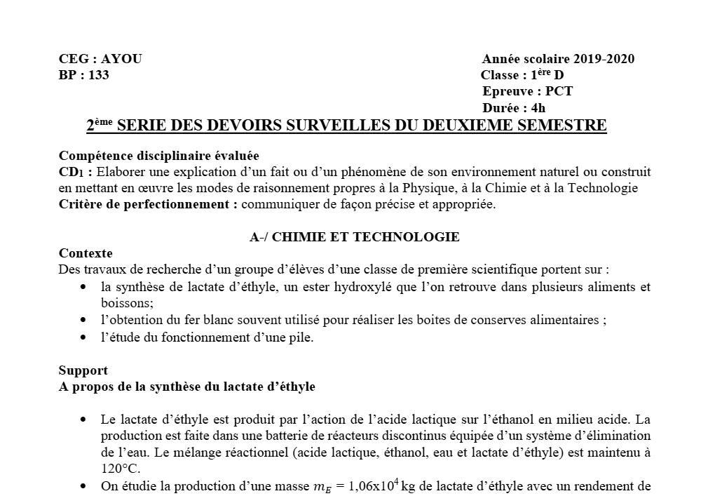 Aperçu de la première page — 1ère D Physique Chimie Technologie Devoir 2 Semestre 2 CEG Ayou 2019 2020
