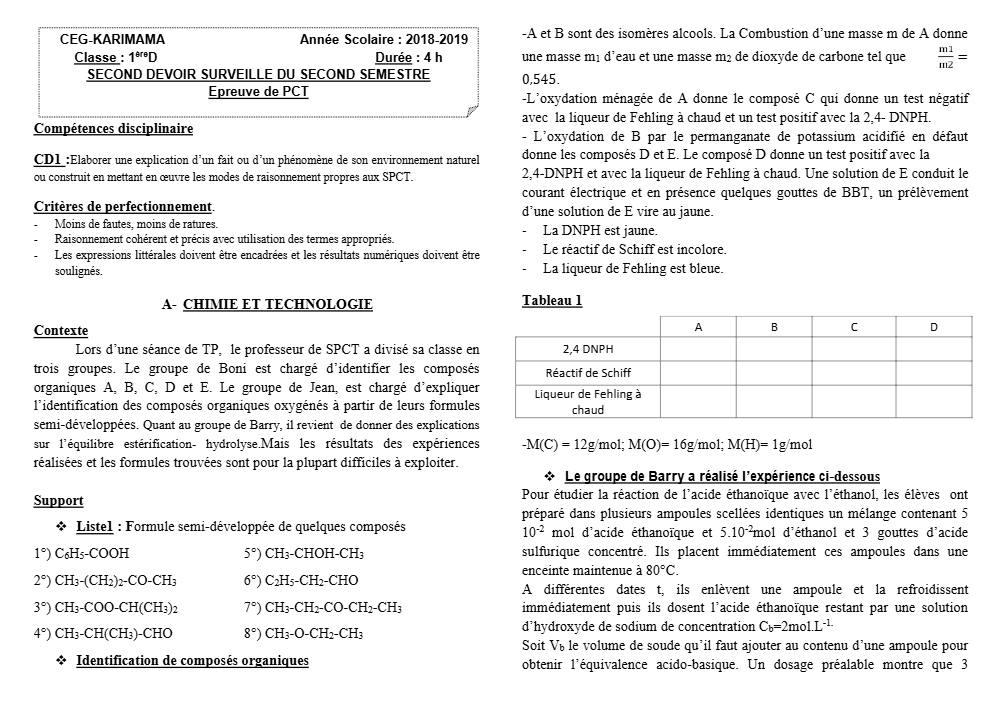 Aperçu de la première page — 1ère D Physique Chimie Technologie Devoir 2 Semestre 2 CEG Karimama 2018 2019