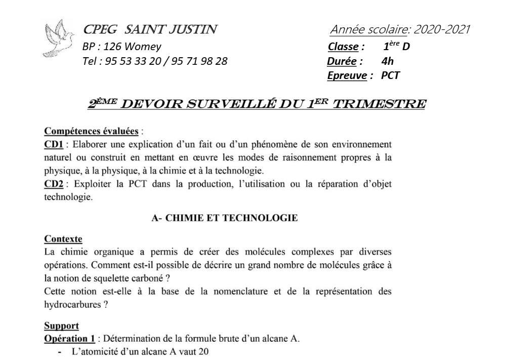 Aperçu de la première page — 1ère D Physique Chimie Technologie Devoir 2 Trimestre 1 CPEG Saint Justin 2020 2021