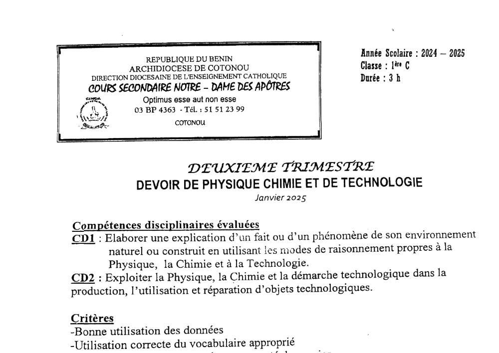 Aperçu de la première page — 1ère Physique Chimie Technologie Devoir Trimestre 2 de Première C, CS Notre‑Dame des Apôtres Janvier 2025
